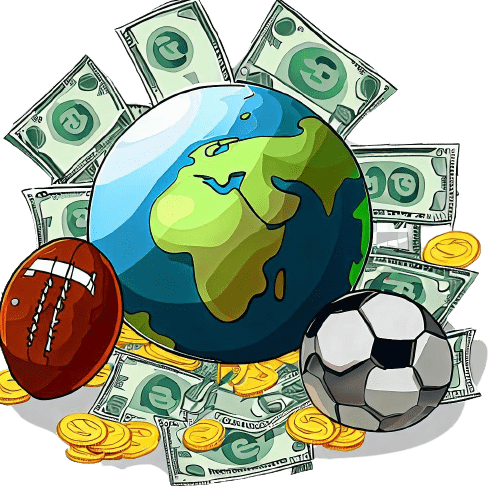Un globe entouré de deux ballons de football, de pièces et de billets d’argent
