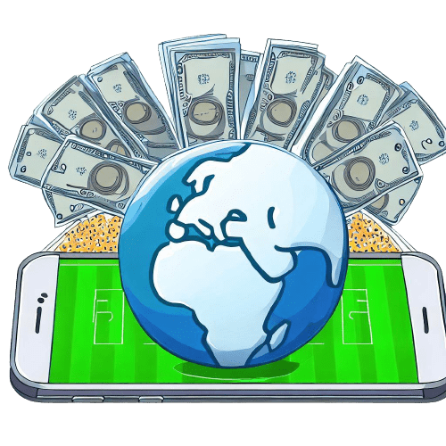 Un globe terrestre posé sur un téléphone montrant un terrain de foof et entouré par des billets d’argent